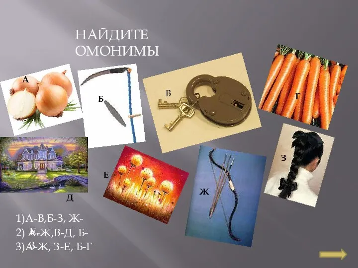 НАЙДИТЕ ОМОНИМЫ 1)А-В,Б-З, Ж-Е. 2) А-Ж,В-Д, Б-З 3)А-Ж, З-Е, Б-Г