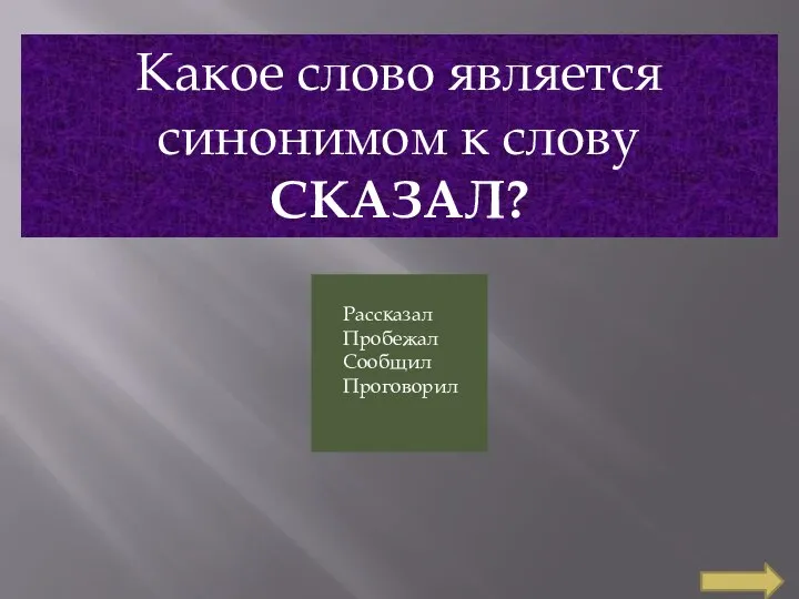 Какое слово является синонимом к слову СКАЗАЛ? Рассказал Пробежал Сообщил Проговорил