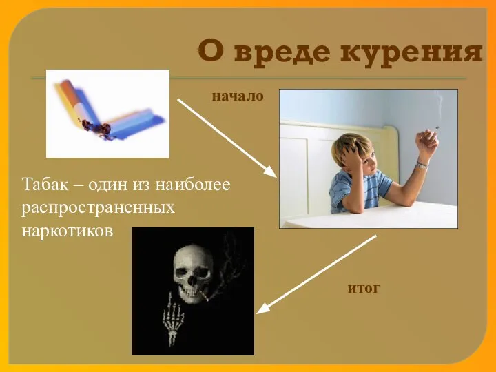 О вреде курения Табак – один из наиболее распространенных наркотиков начало итог