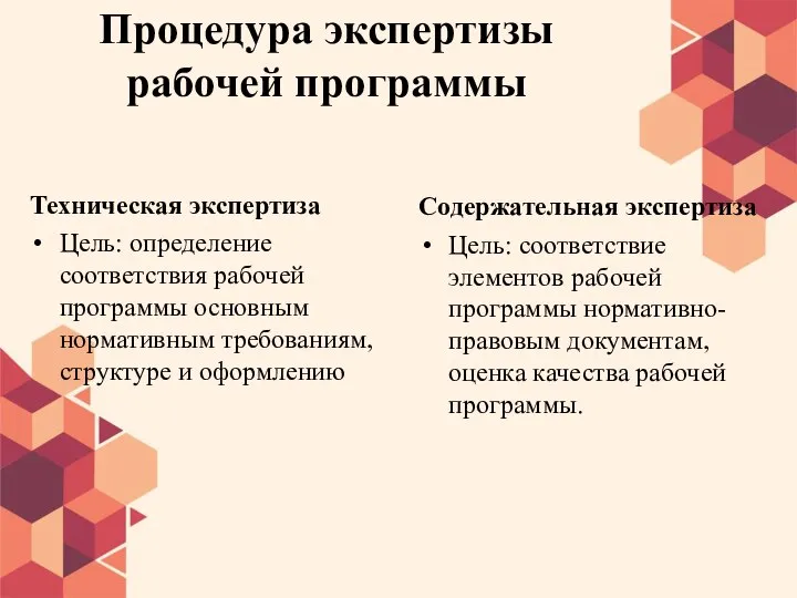 Процедура экспертизы рабочей программы Техническая экспертиза Цель: определение соответствия рабочей программы