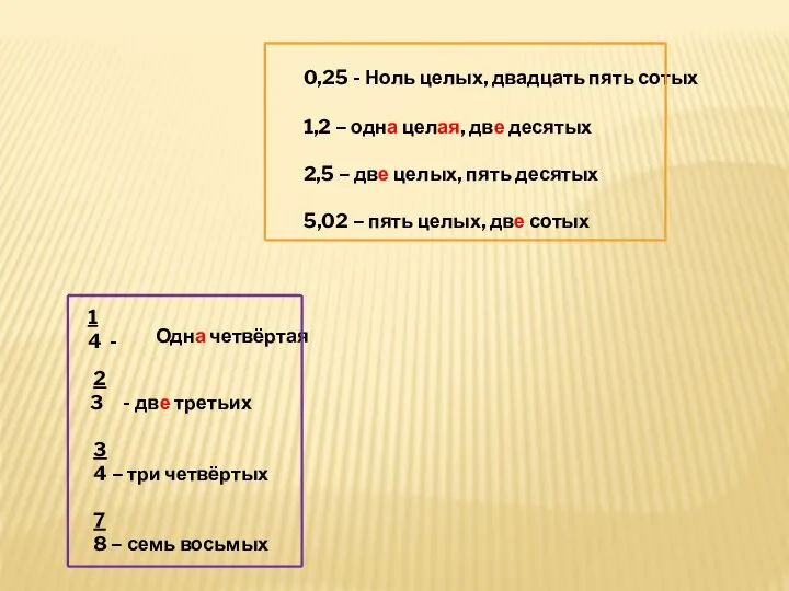 Ноль целых, двадцать пять сотых 1,2 – одна целая, две десятых