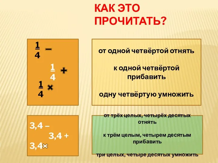 КАК ЭТО ПРОЧИТАТЬ? 1 4 1 4 1 4 3,4 –