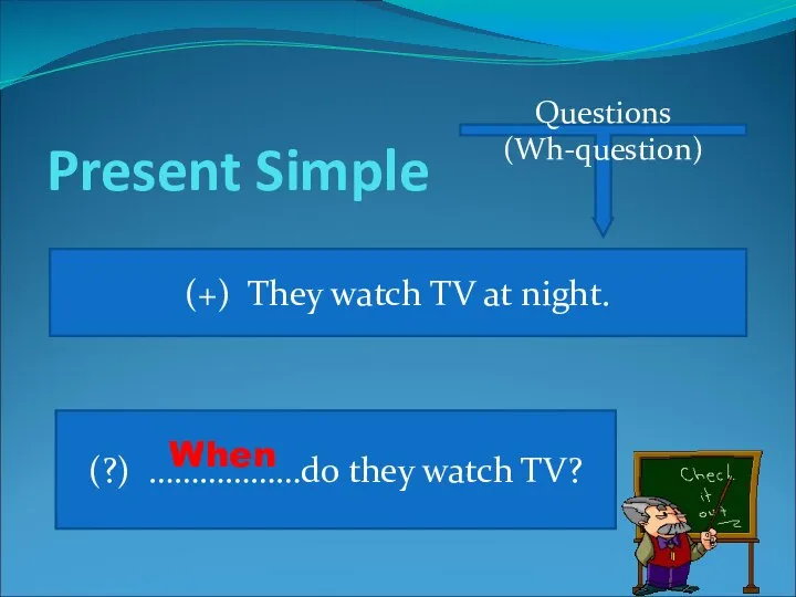 Present Simple Questions (Wh-question) (+) They watch TV at night. (?) ………………do they watch TV? When