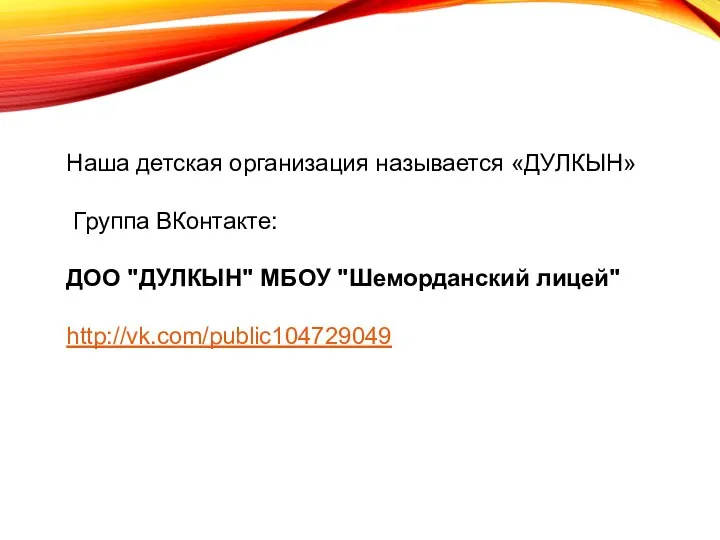 Наша детская организация называется «ДУЛКЫН» Группа ВКонтакте: ДОО "ДУЛКЫН" МБОУ "Шеморданский лицей" http://vk.com/public104729049