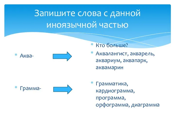 Запишите слова с данной иноязычной частью Аква- Грамма- Кто больше? Аквалангист,