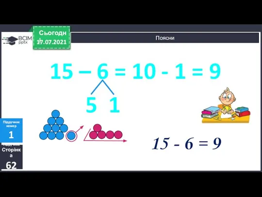 17.07.2021 Сьогодні Підручник Сторінка 62 Підручник номер 1 Поясни 15 –