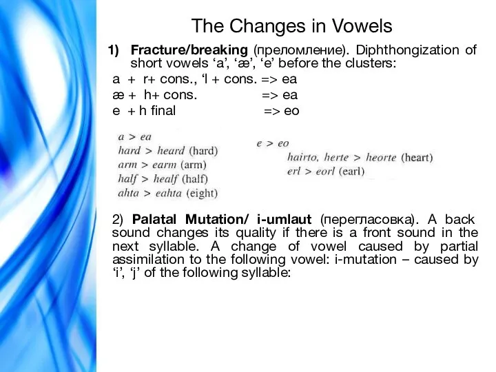 The Changes in Vowels Fracture/breaking (преломление). Diphthongization of short vowels ‘a’,