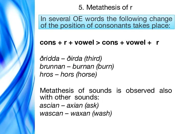 5. Metathesis of r In several OE words the following change