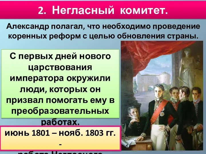 2. Негласный комитет. Александр полагал, что необходимо проведение коренных реформ с