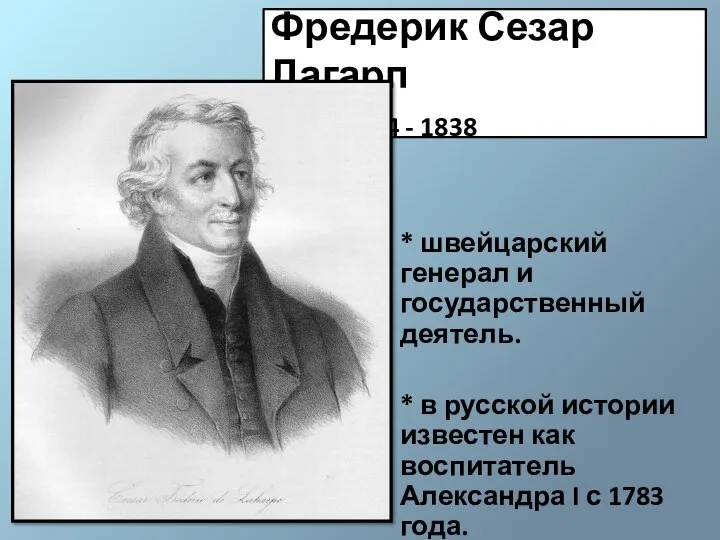 Фредерик Сезар Лагарп 1754 - 1838 * швейцарский генерал и государственный