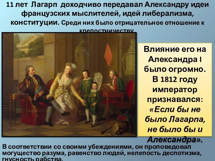 11 лет Лагарп доходчиво передавал Александру идеи французских мыслителей, идей либерализма,