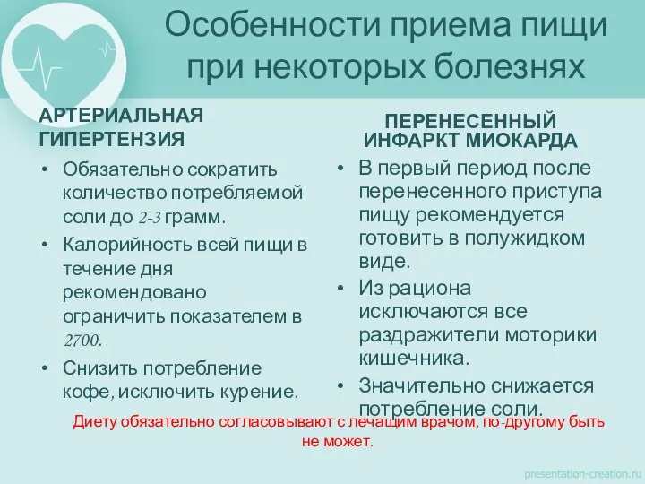 Особенности приема пищи при некоторых болезнях АРТЕРИАЛЬНАЯ ГИПЕРТЕНЗИЯ Обязательно сократить количество