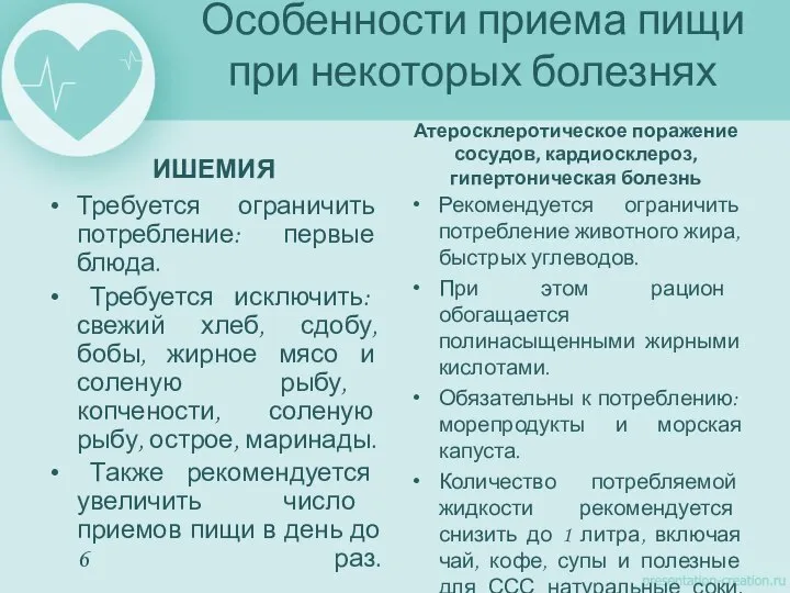 Особенности приема пищи при некоторых болезнях ИШЕМИЯ Требуется ограничить потребление: первые