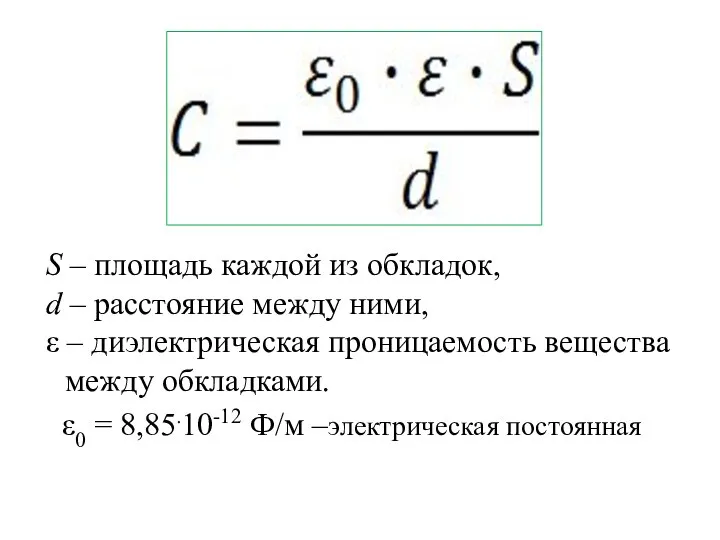 S – площадь каждой из обкладок, d – расстояние между ними,