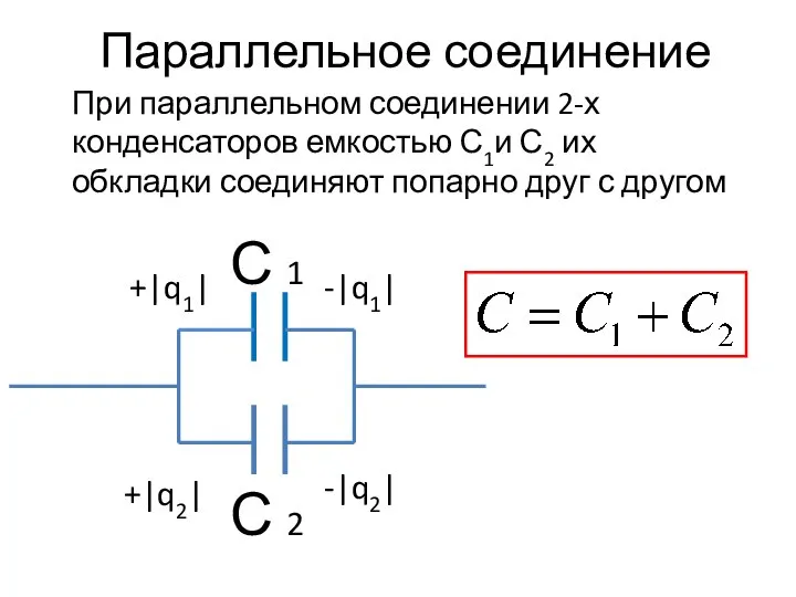 Параллельное соединение При параллельном соединении 2-х конденсаторов емкостью С1и С2 их