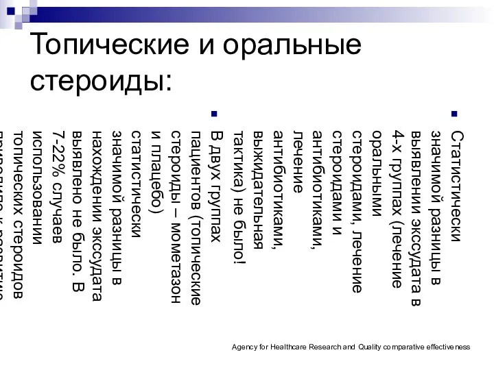 Топические и оральные стероиды: Статистически значимой разницы в выявлении экссудата в