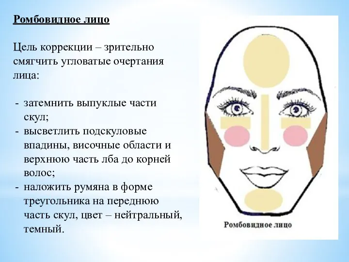 Ромбовидное лицо Цель коррекции – зрительно смягчить угловатые очертания лица: затемнить