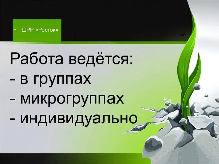 Работа ведётся: - в группах - микрогруппах - индивидуально ШРР «Росток»