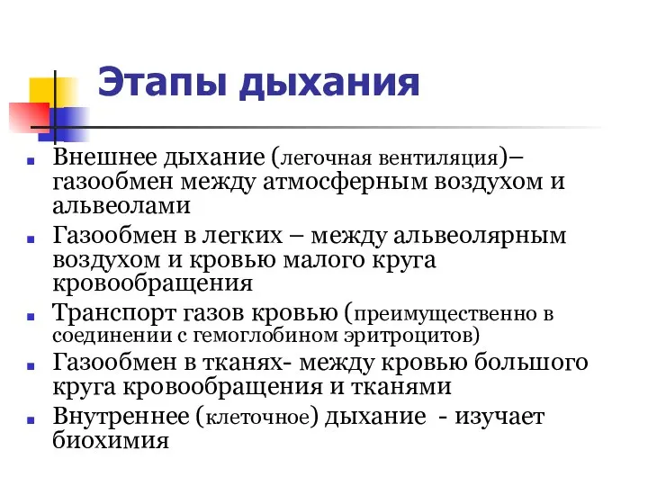 Этапы дыхания Внешнее дыхание (легочная вентиляция)– газообмен между атмосферным воздухом и