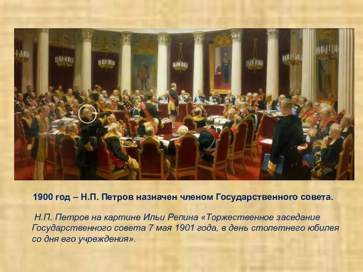 1900 год – Н.П. Петров назначен членом Государственного совета. Н.П. Петров