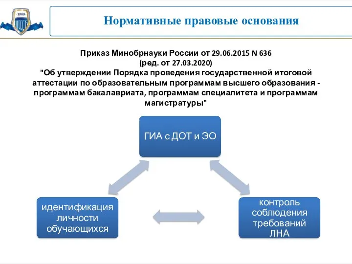 Нормативные правовые основания Приказ Минобрнауки России от 29.06.2015 N 636 (ред.