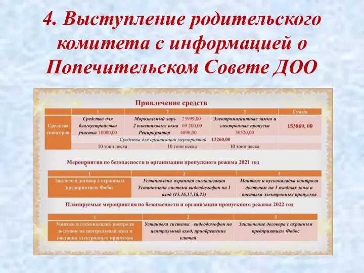 4. Выступление родительского комитета с информацией о Попечительском Совете ДОО