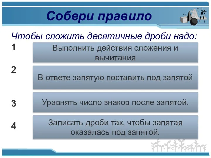 Собери правило Чтобы сложить десятичные дроби надо: 1 2 3 4