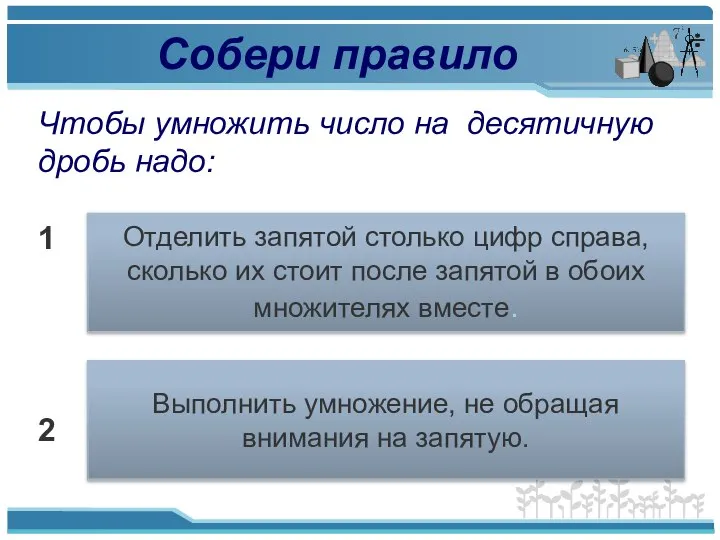 Собери правило Чтобы умножить число на десятичную дробь надо: 1 2