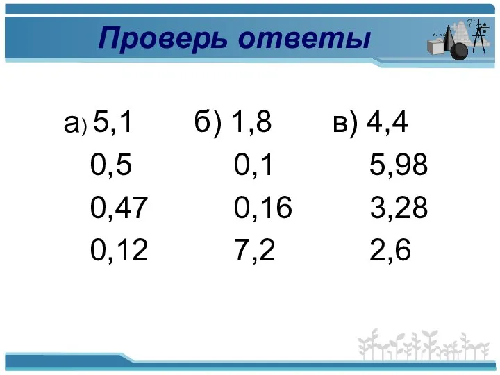 Проверь ответы а) 5,1 б) 1,8 в) 4,4 0,5 0,1 5,98