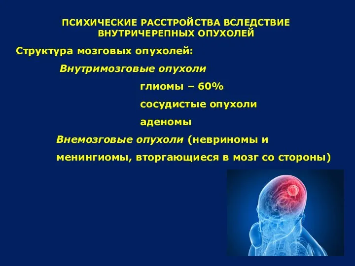 ПСИХИЧЕСКИЕ РАССТРОЙСТВА ВСЛЕДСТВИЕ ВНУТРИЧЕРЕПНЫХ ОПУХОЛЕЙ Структура мозговых опухолей: Внутримозговые опухоли глиомы