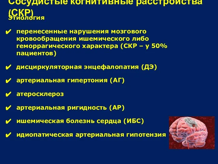 Сосудистые когнитивные расстройства (СКР) Этиология перенесенные нарушения мозгового кровообращения ишемического либо