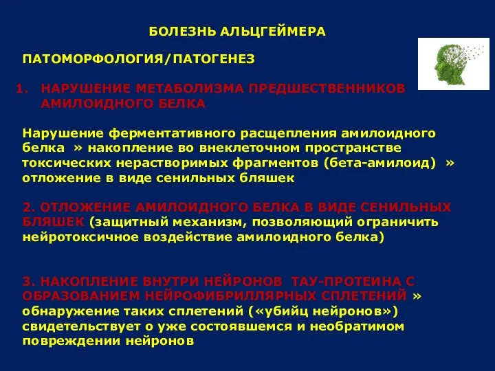 БОЛЕЗНЬ АЛЬЦГЕЙМЕРА ПАТОМОРФОЛОГИЯ/ПАТОГЕНЕЗ НАРУШЕНИЕ МЕТАБОЛИЗМА ПРЕДШЕСТВЕННИКОВ АМИЛОИДНОГО БЕЛКА Нарушение ферментативного расщепления