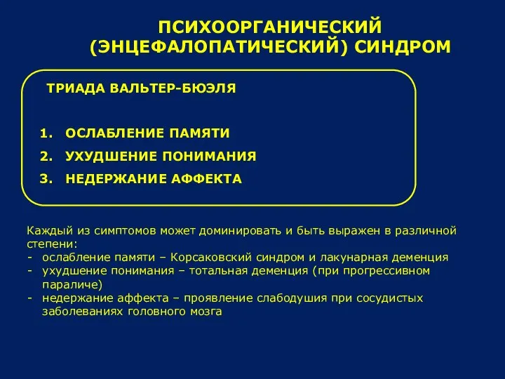 ТРИАДА ВАЛЬТЕР-БЮЭЛЯ ОСЛАБЛЕНИЕ ПАМЯТИ УХУДШЕНИЕ ПОНИМАНИЯ НЕДЕРЖАНИЕ АФФЕКТА Каждый из симптомов