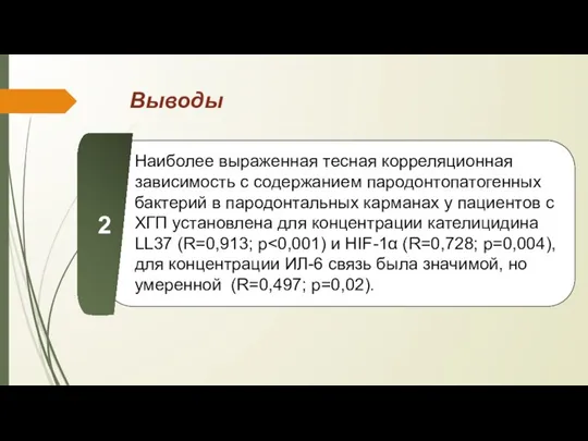 Выводы Наиболее выраженная тесная корреляционная зависимость с содержанием пародонтопатогенных бактерий в