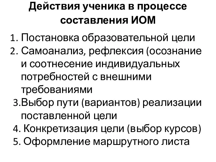 Действия ученика в процессе составления ИОМ Постановка образовательной цели Самоанализ, рефлексия