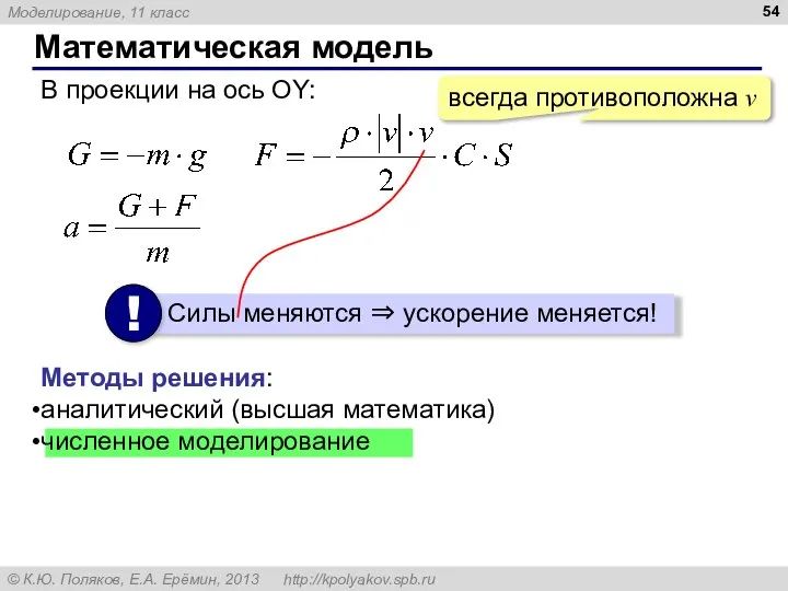Математическая модель В проекции на ось OY: всегда противоположна v Методы