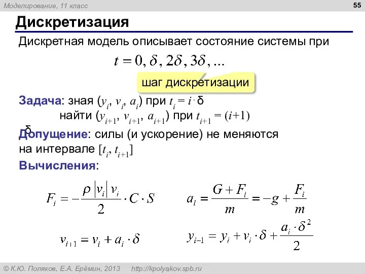 Дискретизация Дискретная модель описывает состояние системы при шаг дискретизации Задача: зная