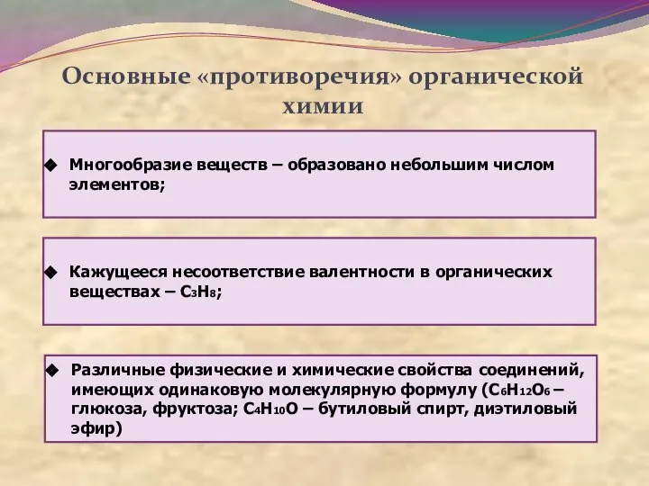 Основные «противоречия» органической химии Многообразие веществ – образовано небольшим числом элементов;