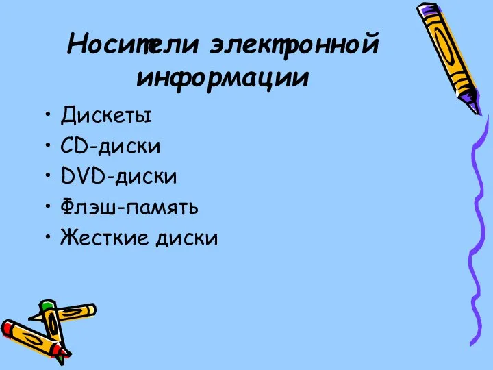 Носители электронной информации Дискеты CD-диски DVD-диски Флэш-память Жесткие диски