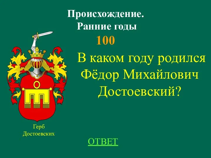 Происхождение. Ранние годы 100 Герб Достоевских ОТВЕТ В каком году родился Фёдор Михайлович Достоевский?