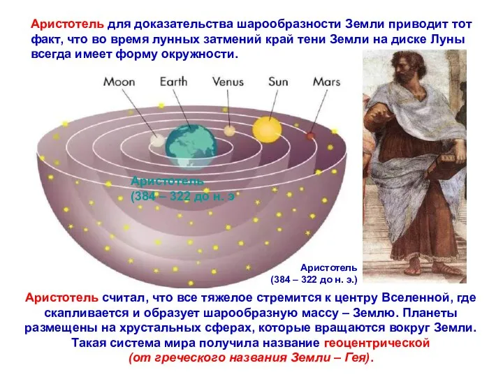 Аристотель считал, что все тяжелое стремится к центру Вселенной, где скапливается