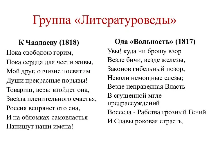 Группа «Литературоведы» К Чаадаеву (1818) Пока свободою горим, Пока сердца для