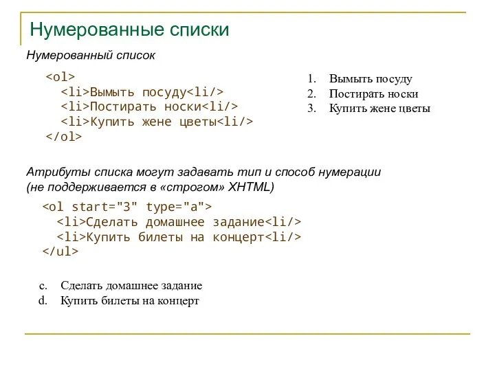 Нумерованные списки Вымыть посуду Постирать носки Купить жене цветы Нумерованный список