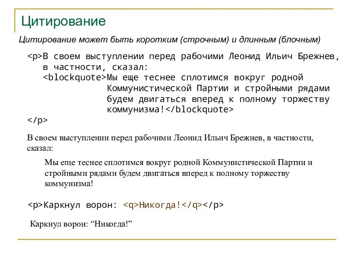 Цитирование Каркнул ворон: Никогда! Цитирование может быть коротким (строчным) и длинным