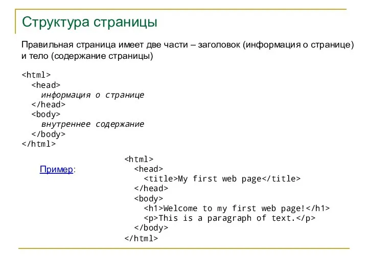 Структура страницы Правильная страница имеет две части – заголовок (информация о