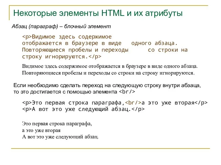 Некоторые элементы HTML и их атрибуты Видимое здесь содержимое отображается в