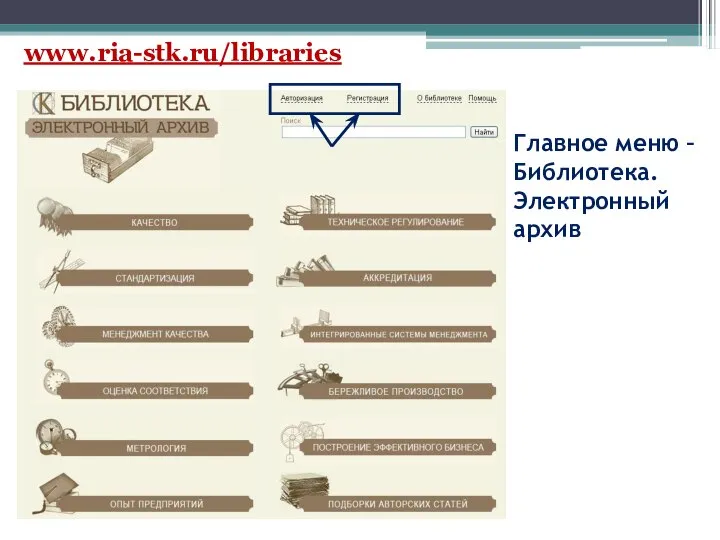 Главное меню – Библиотека. Электронный архив www.ria-stk.ru/libraries