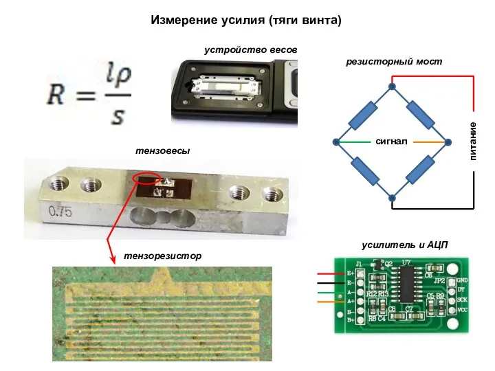 Измерение усилия (тяги винта) устройство весов тензовесы тензорезистор усилитель и АЦП резисторный мост питание сигнал