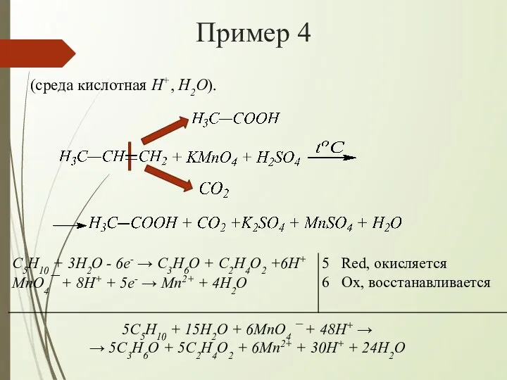 Пример 4 (среда кислотная H+, H2O). 5C5H10 + 15H2O + 6MnO4