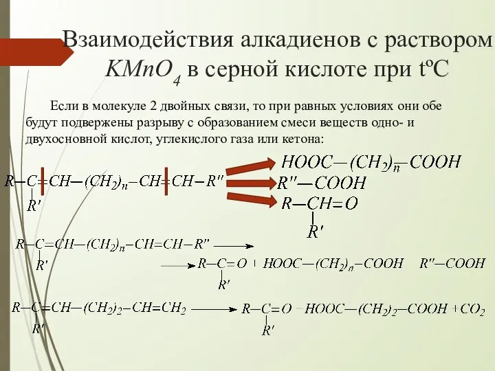 Взаимодействия алкадиенов с раствором KMnO4 в серной кислоте при tºC Если